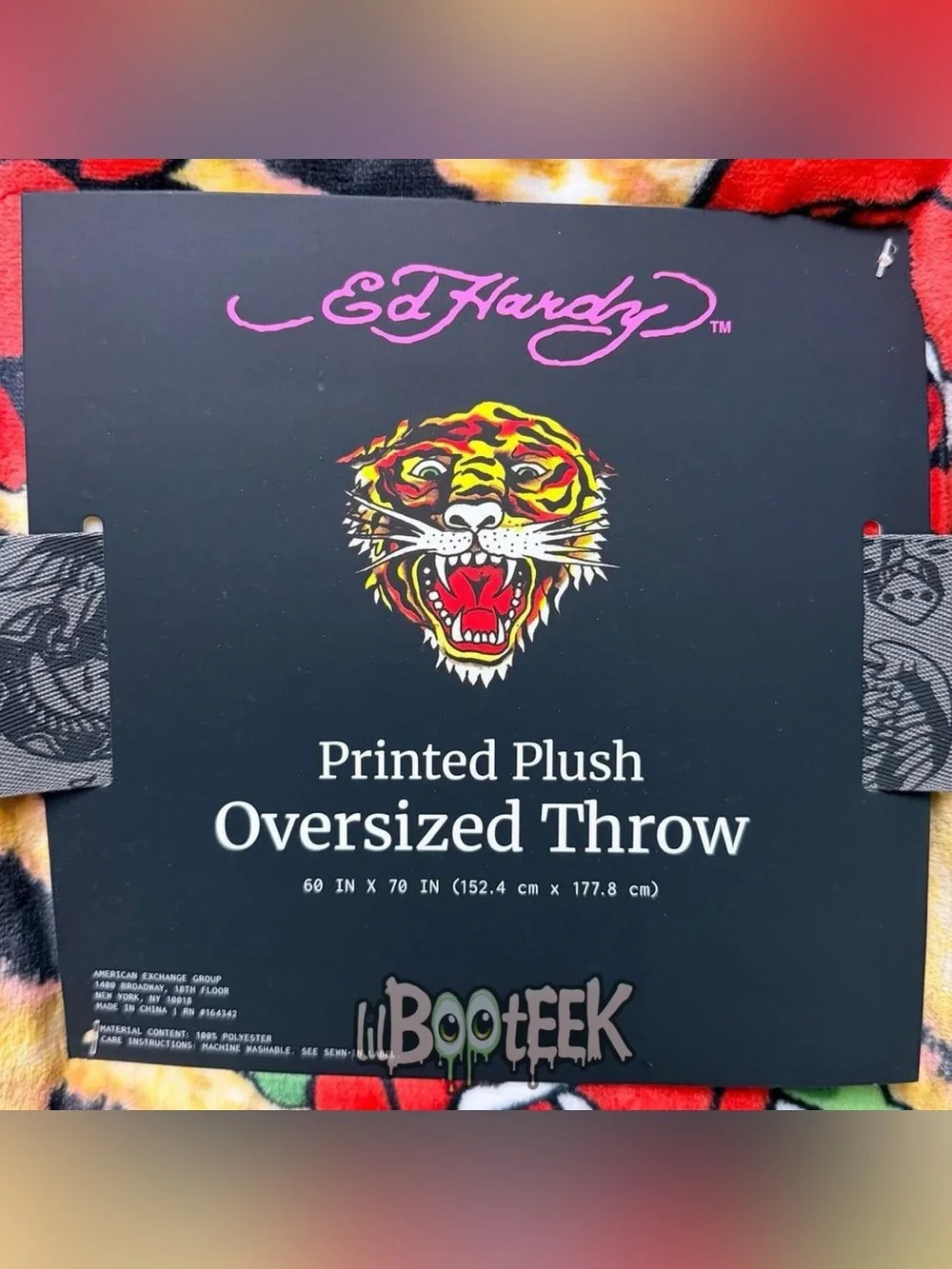 Ed Hardy Tiger Print w Roses & Logo Printed Plush Oversized Throw Blanket
